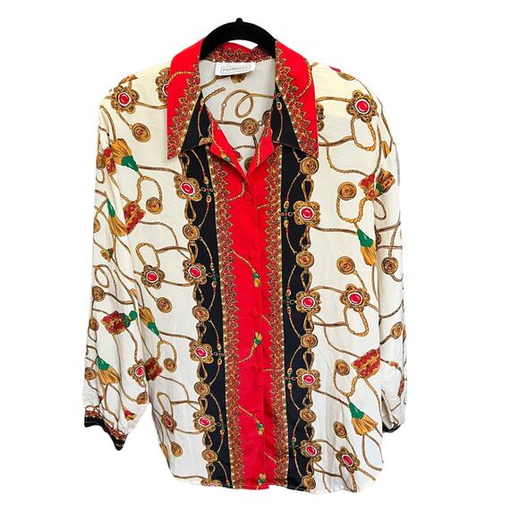 Vintage Impressions Cream Red Rope Brocade Equestrian Button-Down Blouse, L - Picture 1 of 5